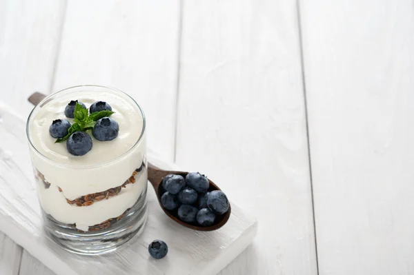 Dessert Cottage Cheese Fresh Blueberries Granola Glass White Wooden Background — Stock Photo, Image