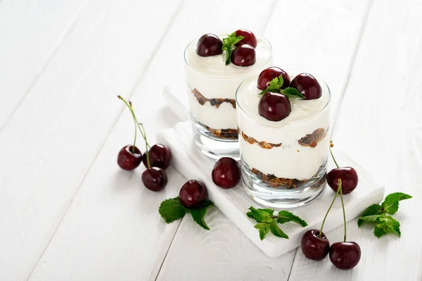 Dessert Cheese Fresh Cherries Granola Glass White Wooden Background — Stock Photo, Image