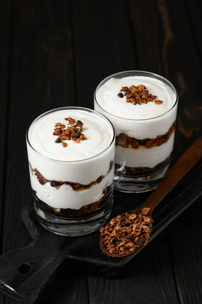 Greek Yogurt Granola Wooden Dark Wooden Background — Stockfoto