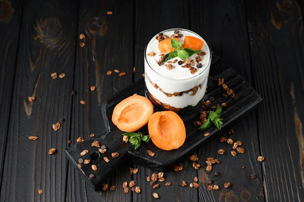 Homemade Layered Dessert Fresh Apricot Cream Cheese Yogurt Granola Rustic — Stock Photo, Image