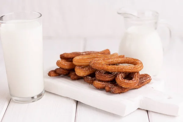 Homemade Churros Milk Cream White Wooden Background — Foto Stock