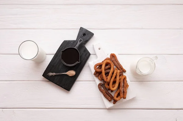 Homemade Churros Chocolate White Wooden Background — Stock Photo, Image