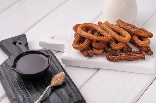 Homemade Churros Chocolate White Wooden Background — Foto de Stock