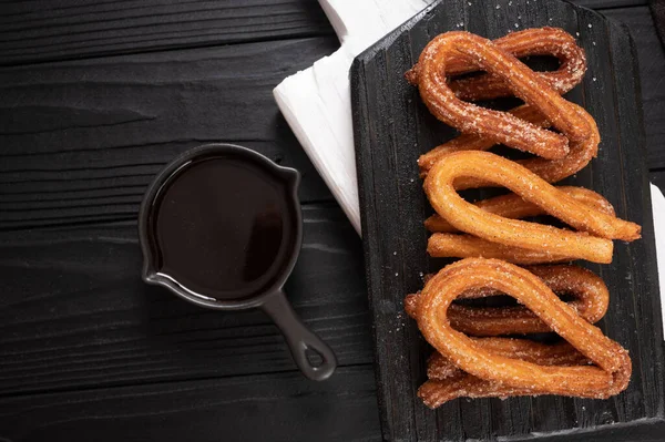 Homemade Churros Chocolate Dark Wooden Rustic Background — Foto de Stock