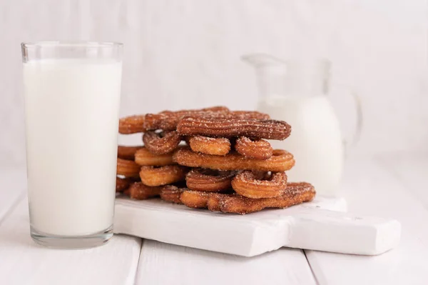 Homemade Churros Milk Cream White Wooden Background — Foto Stock