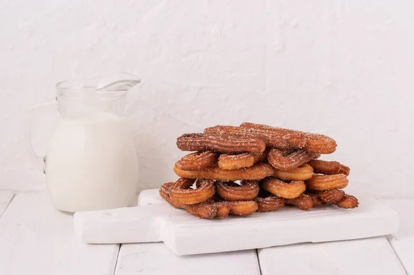 Homemade Churros Milk Cream White Wooden Background — Stock Photo, Image