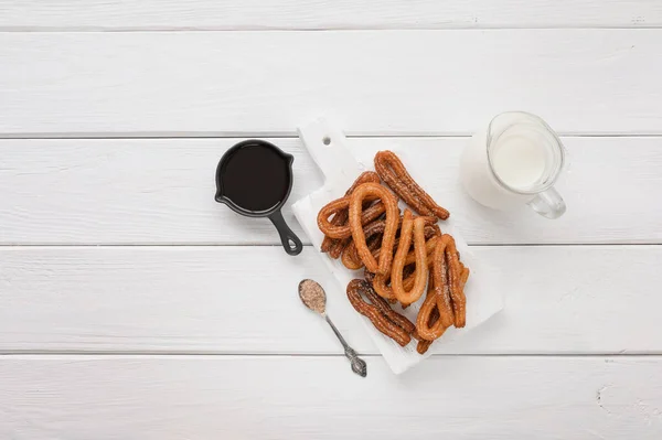 Homemade Churros Chocolate White Wooden Background — Φωτογραφία Αρχείου