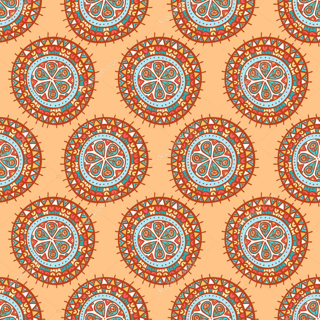 Astratto bella tribale colorati senza soluzione di continuit  tondo modello con fiori e triangoli — Vettoriali di Grey ant