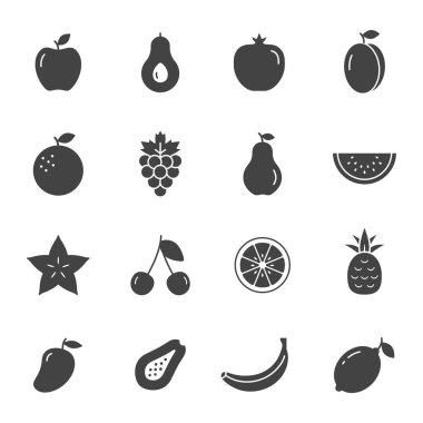 Meyve simgesi seti, vektör meyve izole edilmiş siyah işaret koleksiyonu.
