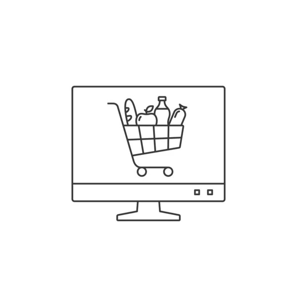 Computer Grocery Push Cart Screen Food Delivery App Buying Groceries — Διανυσματικό Αρχείο