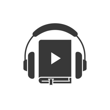 Kulaklıklar ve ses kitabı ikonu, sesli kitap çevrimiçi öğrenme veya dinleme, Vektör eğitim konsepti. Düz tasarım.