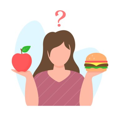 Sağlıklı ve sağlıksız yiyecekler arasında seçim yapmak. Kadın hamburgerle elma ezmesi modern çizim arasında seçim yapıyor..