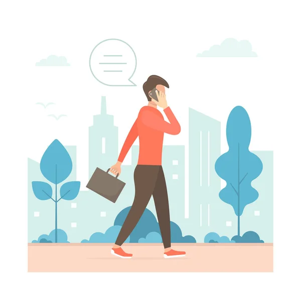 Businessman Walking Street Talking Phone Vector Flat Style Modern Illustration — Stock Vector