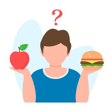 Adam hamburgerle elma ezmesi modern çizim arasında seçim yapıyor..