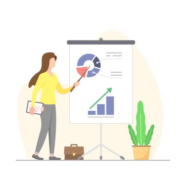 Business Woman or teacher pointing at presentation board, Vector illustration.