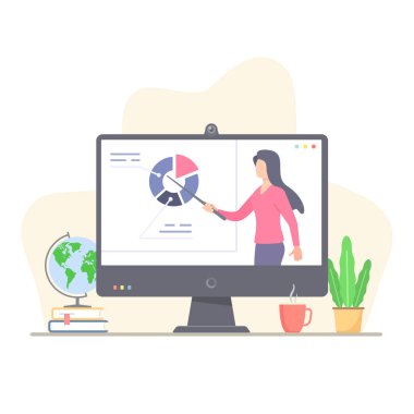 E-learning online education or business webinar with computer, flat vector illustration.