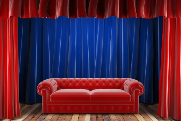 red fabric curtain with sofa