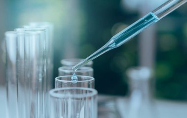 Analitik, tıbbi, ilaç ve bilimsel araştırma konsepti için sıvı ile cam laboratuvar kimyasal test tüpleri ile araştırmacı.