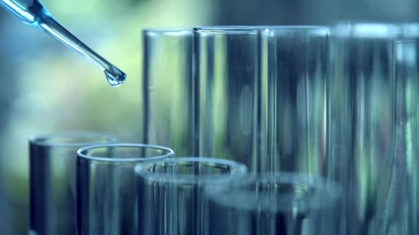 Forscher Mit Gläsernen Chemischen Reagenzgläsern Mit Flüssigkeit Für Analytische Medizinische — Stockvideo