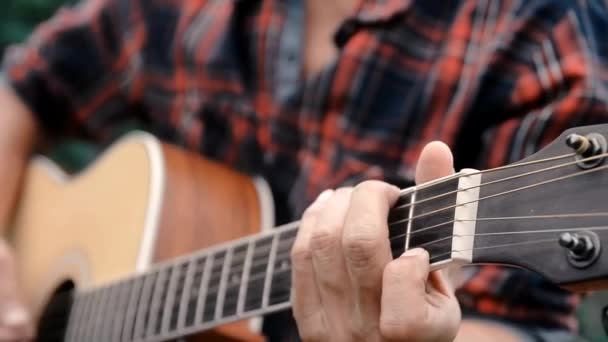Musician Playing Acoustic Guitar Close Man Hand Playing Guitar — стоковое видео