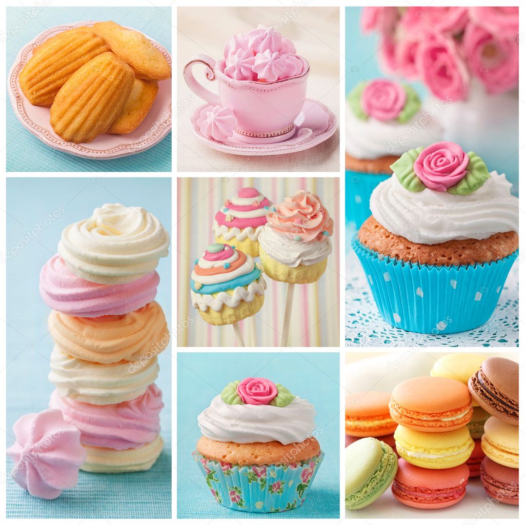 Pastel colored cakes collage