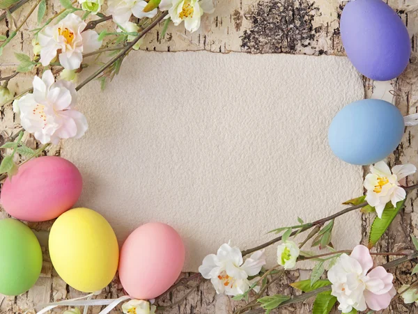 Easter eggs and blank note — Stock Photo, Image