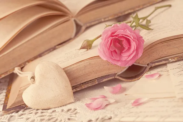 Flores cor de rosa e livros antigos — Fotografia de Stock