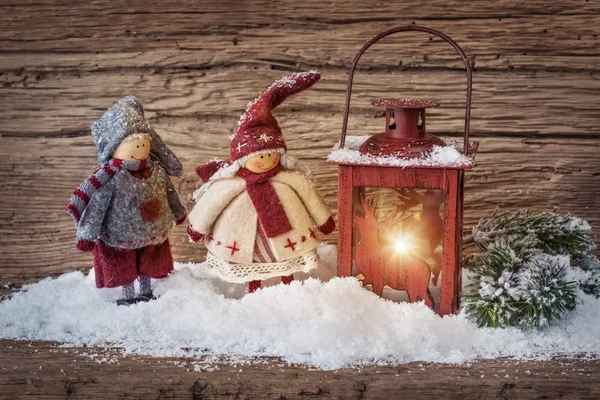 Two little santa and lantern — Stock Photo, Image