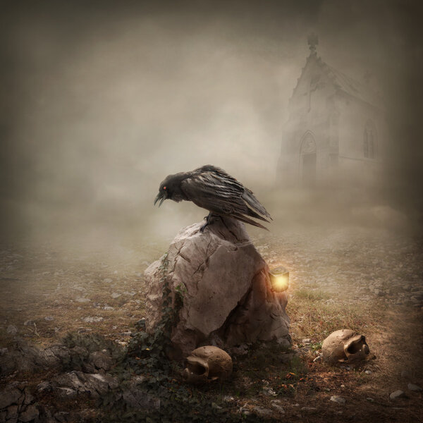 Crow sitting on a gravestone