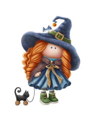 Beyaz arka planda siyah kedisi olan şirin bir cadılar bayramı bebeğinin dijital çizimi.