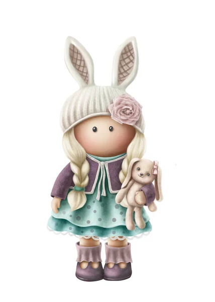 Digatal Illustration Einer Niedlichen Puppe Mit Kaninchen — Stockfoto