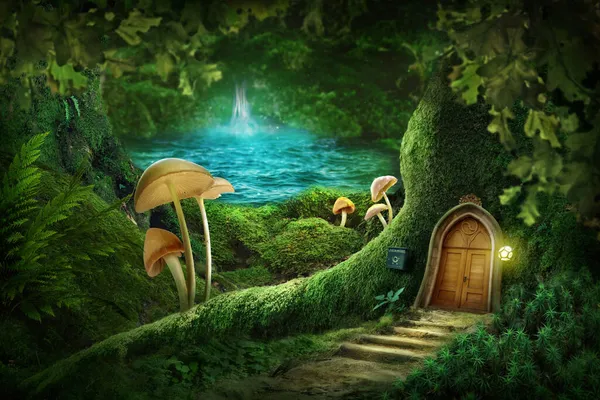 大きな家の木と魔法の森 — ストック写真