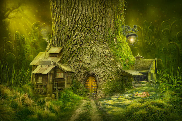 Magic tree home in enchanted forest
