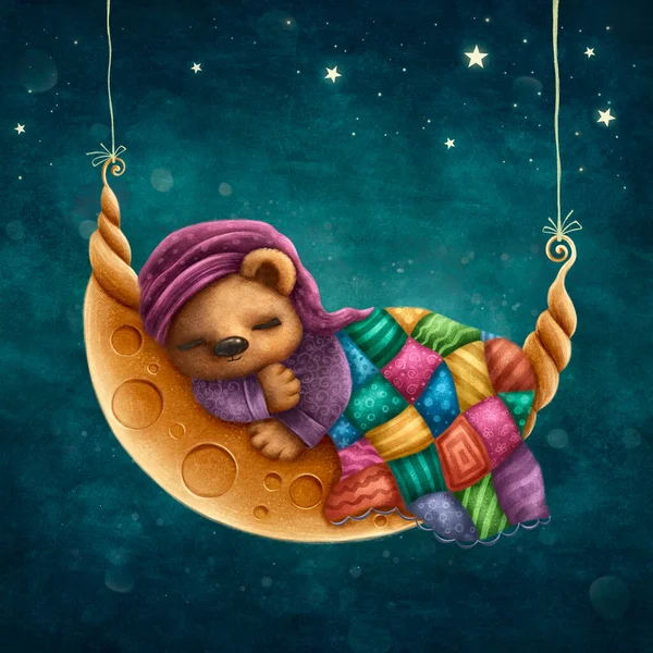 Cute Baby Bear Sleeping Moon — Stock Photo, Image