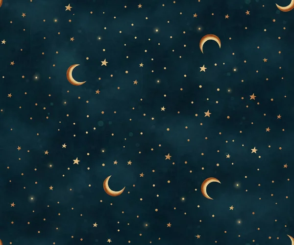 Golden Stars Moon Blue Backgroud Seamless Pattern — 스톡 사진