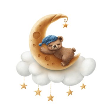 Ay 'da uyuyan ayı. Şirin çocuk çizimi.