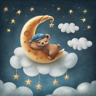 Little cute bear sleeping on the moon