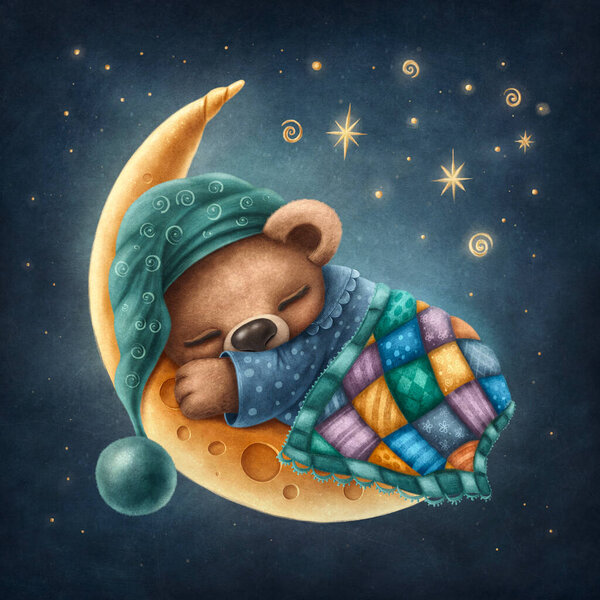 Little cute bear sleeping on the moon