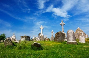 Clonmacnoise Katedrali ile tipik haçlar ve mezar. Manastır kalıntıları. İrlanda