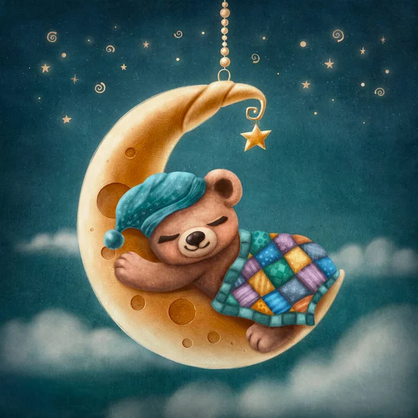 Little Cute Bear Sleeping Moon — 스톡 사진