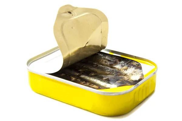 Scatola di latta gialla con pesce — Foto Stock