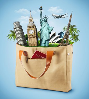 Illustration of a bag full of famous monument with passport