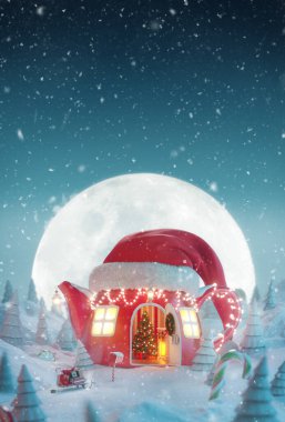 Kırmızı elf şapkalı şirin rüya gibi bir ev. Noel 'de çaydanlık şeklinde dekore edilmiş. Geceleri büyülü ormanda şömine ve kapı açık. Alışılmadık noel 3D illüstrasyon tebrik kartı