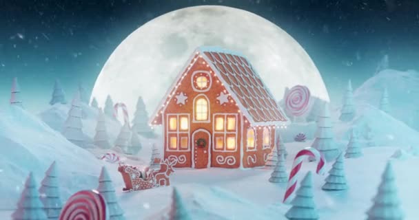 Cute cozy fairy Christmas gingerbread house decorated of Christmas lights — Stock Video