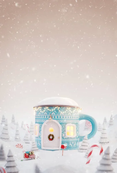 珍しいクリスマス3Dイラストグリーティングカード 魔法の森の中でお菓子やクリスマスライトとクリスマスマグカップの形でクリスマスに飾られたかわいい居心地の良い夢の家 — ストック写真