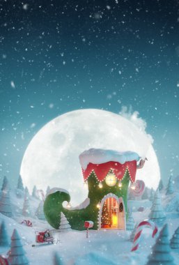 Noel 'de elf ayakkabısı şeklinde dekore edilmiş şirin, rüya gibi bir ev. Noel gecesi büyülü ormanda açık kapı ve şömine var. Alışılmadık noel 3D illüstrasyon tebrik kartı.