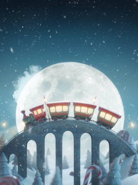 Sevimli komik Noel Baba 'nın Noel treni Noel gecesi kuzey kutbunda bir köprüden geçer. Alışılmadık Noel 3D illüstrasyon tebrik kartı.