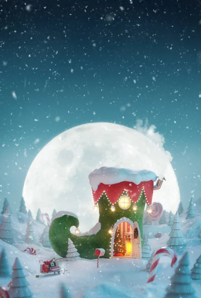 圣诞前夕 圣诞前夕 在神奇的森林里 以精灵鞋的形状装饰着漂亮舒适的梦幻般的房子 里面有敞开的门和壁炉 不同寻常的圣诞节3D插画贺卡 — 图库照片