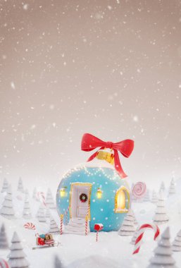 Alışılmadık bir Noel 3D illüstrasyon tebrik kartı. Noel 'de süslenmiş, kırmızı kurdele ve büyülü ormanda noel ışıklarıyla süslenmiş şirin, rüya gibi bir ev..
