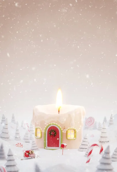 不同寻常的3D插画贺卡 圣诞时用圣诞蜡烛装饰的漂亮舒适的梦幻房子 在神奇的森林里点着圣诞彩灯 — 图库照片
